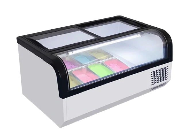 Countertop ice cream display freezer with glass lid, ideal for showcasing gelato or frozen desserts.