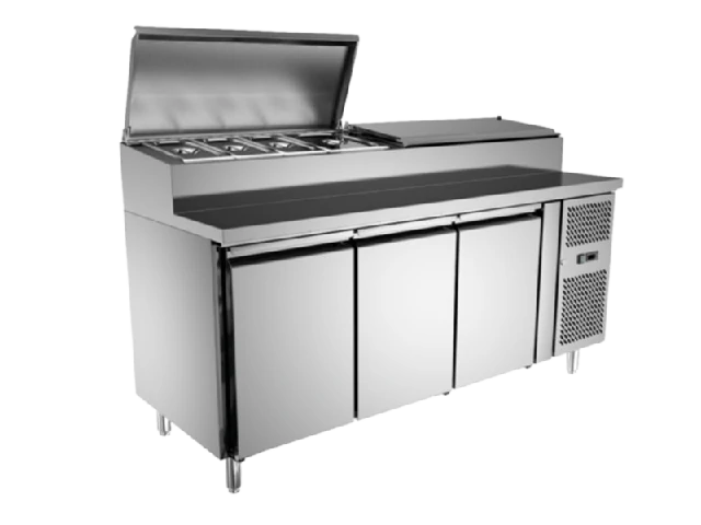 3-door stainless steel refrigerator with salad bar top, designed for efficient cold storage and food prep.