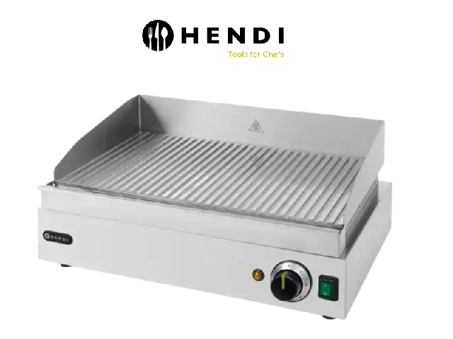 Elektrische Grillplatte von Hendi mit glatter Oberfläche für die Zubereitung von Speisen.