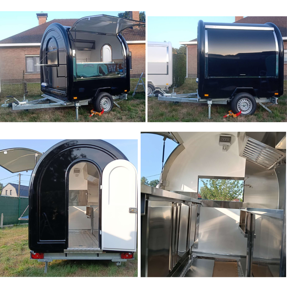 Food trailer details collage koelkast RVS werkblad opslag en achterdeur mobiele verkoopwagen