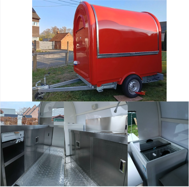 Remorque food truck rouge RAL3020 style rétro pour restauration mobile