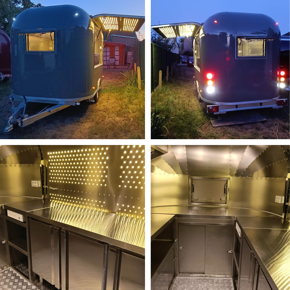Glänzender Edelstahl-Foodtruck im Airstream-Stil – Seitenansicht – neu in Belgien